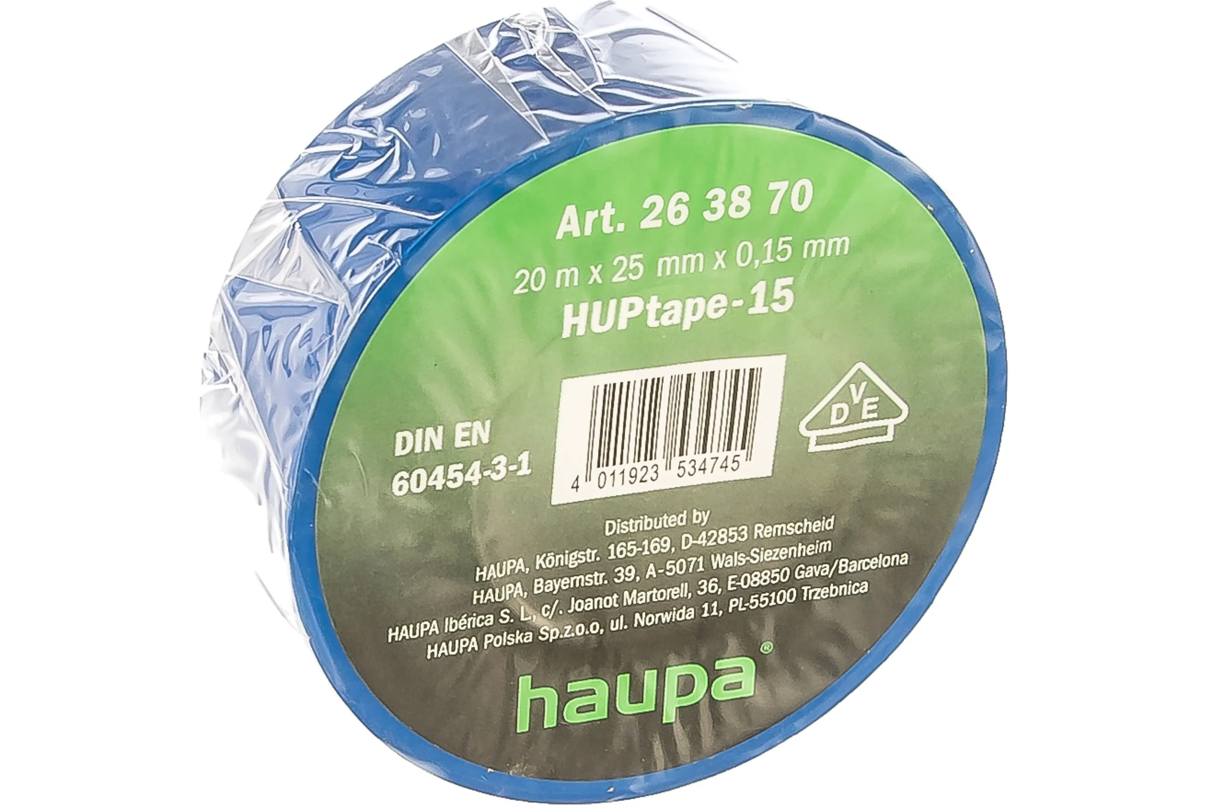 Изолента HAUPA ПВХ синий 25 ммх20 м, d 74 мм 263870
