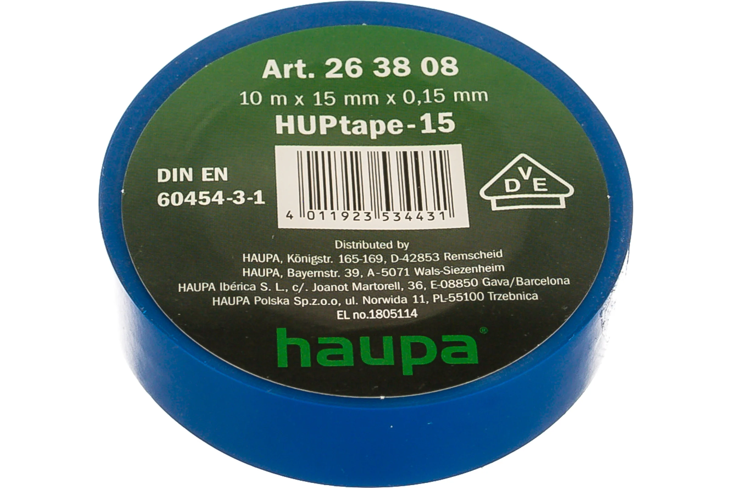 Изолента HAUPA ПВХ синий 15ммх10 м, d 60 мм 263808