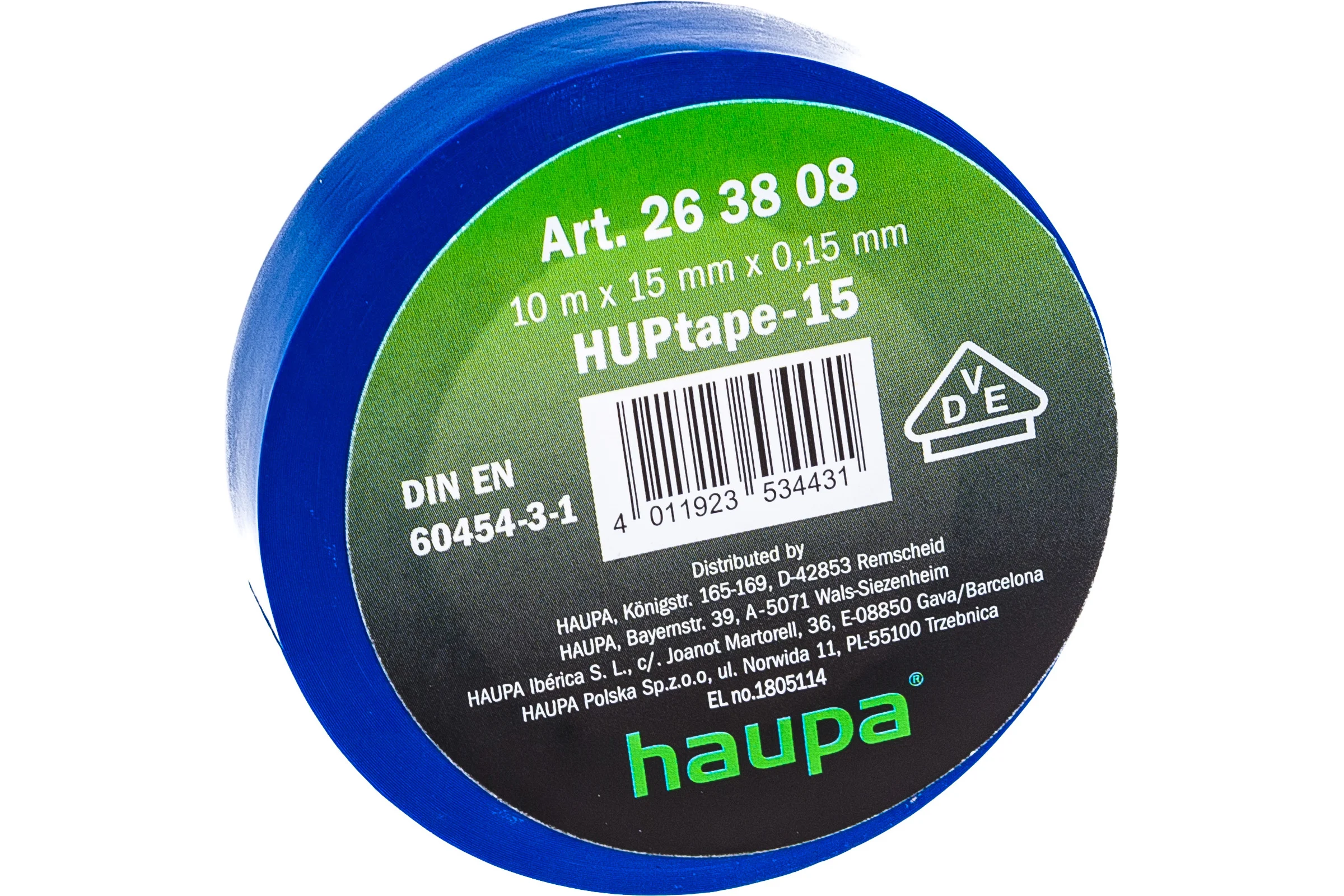 Изолента HAUPA ПВХ синий 15ммх10 м, d 60 мм 263808