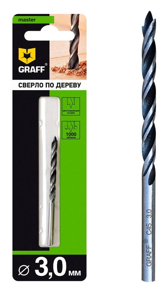 Cверло по дереву cпиральное 3x61 мм в блистере GRAFF 763061