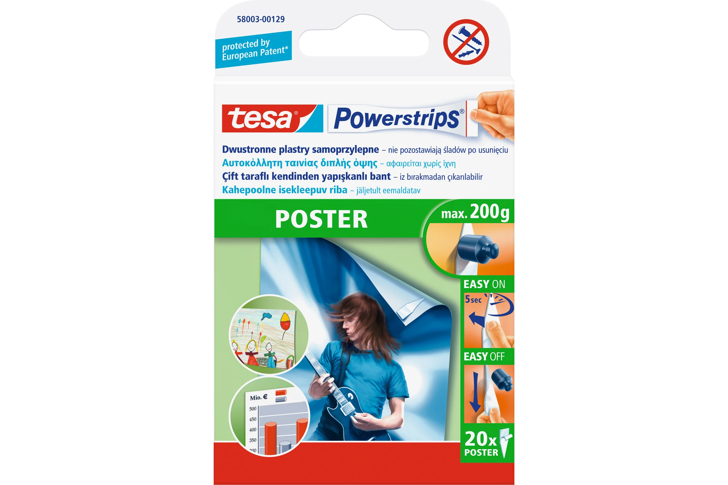 Самоклеющиеся полоски для крепления плакатов TESA Powerstrips 58003-00129-01