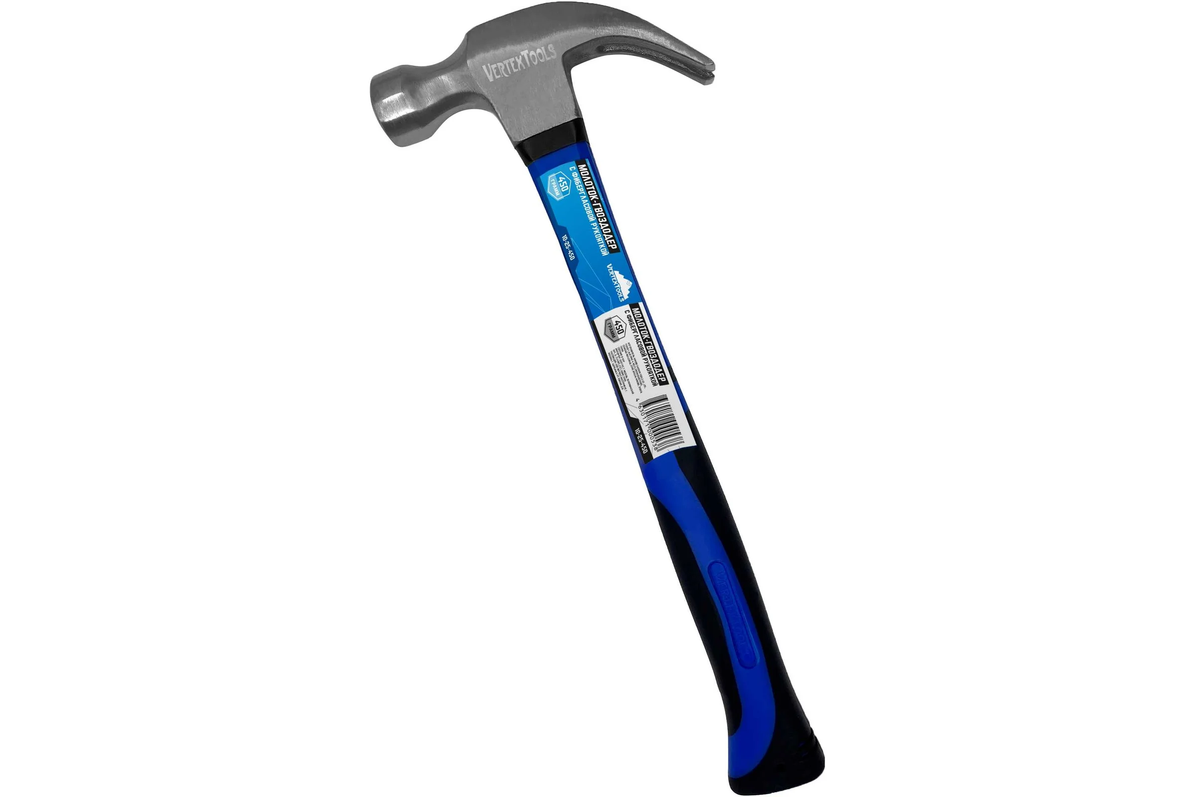 Молоток-гвоздодер vertextools 450 г, фибергласовая обрезиненная рукоятка 10-25-450