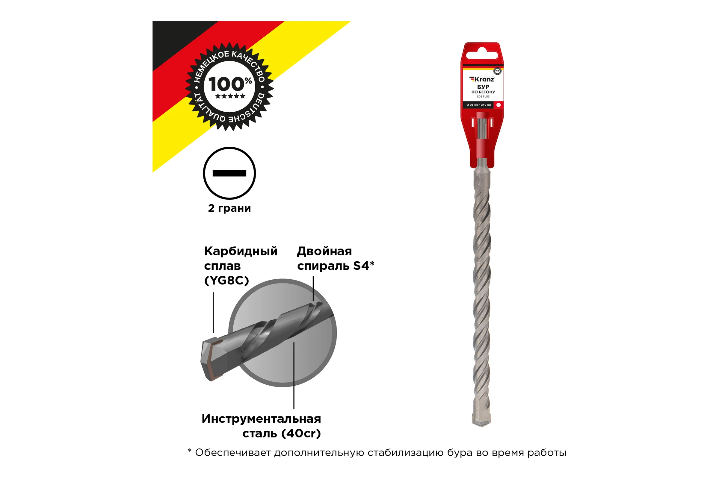 Бур по бетону KRANZ 20x310x250 мм, хвостовик SDS-plus KR-91-0041