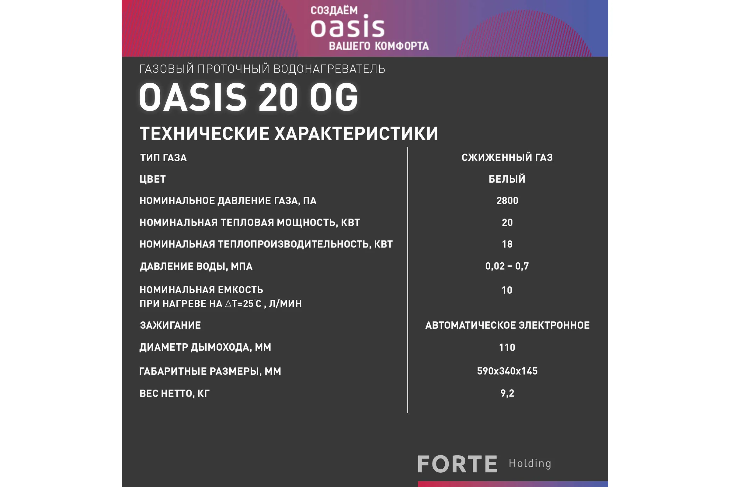 Газовый проточный водонагреватель Oasis 20 OG сжиженный газ