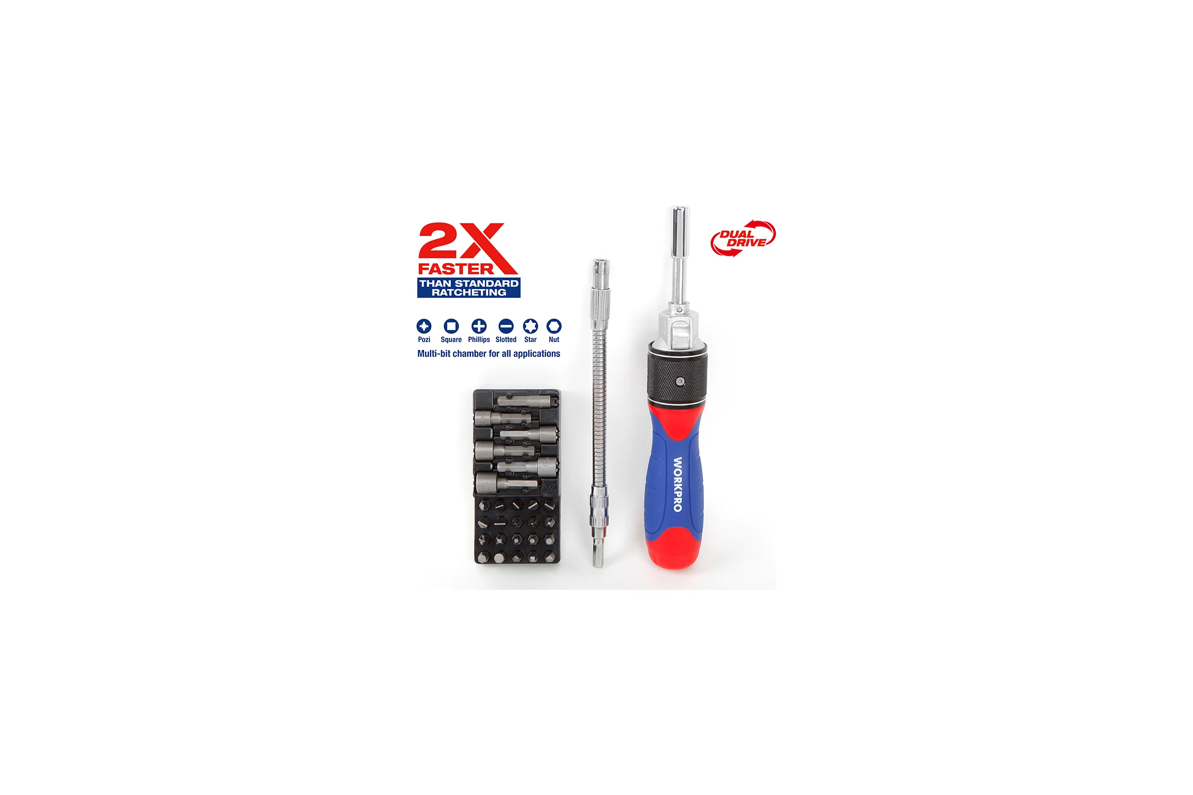 Отвертка WORKPRO 2X DRIVE с трещоткой, 28 предметов WP221053