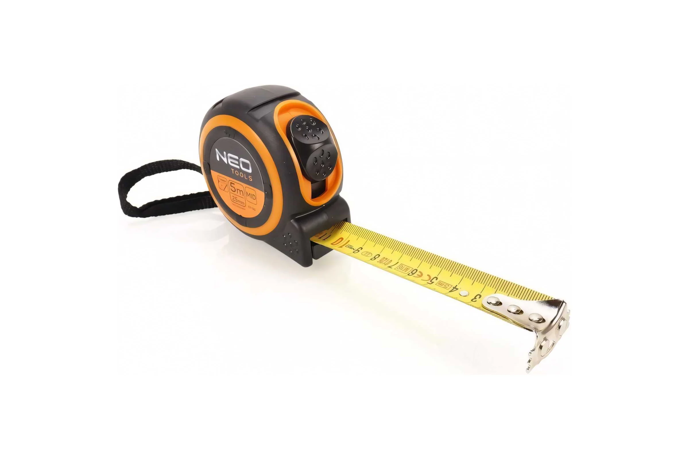 Рулетка NEO Tools двухкомпонентный корпус стальная нейлоновая лента 5 м x 25 мм магнит 67-185
