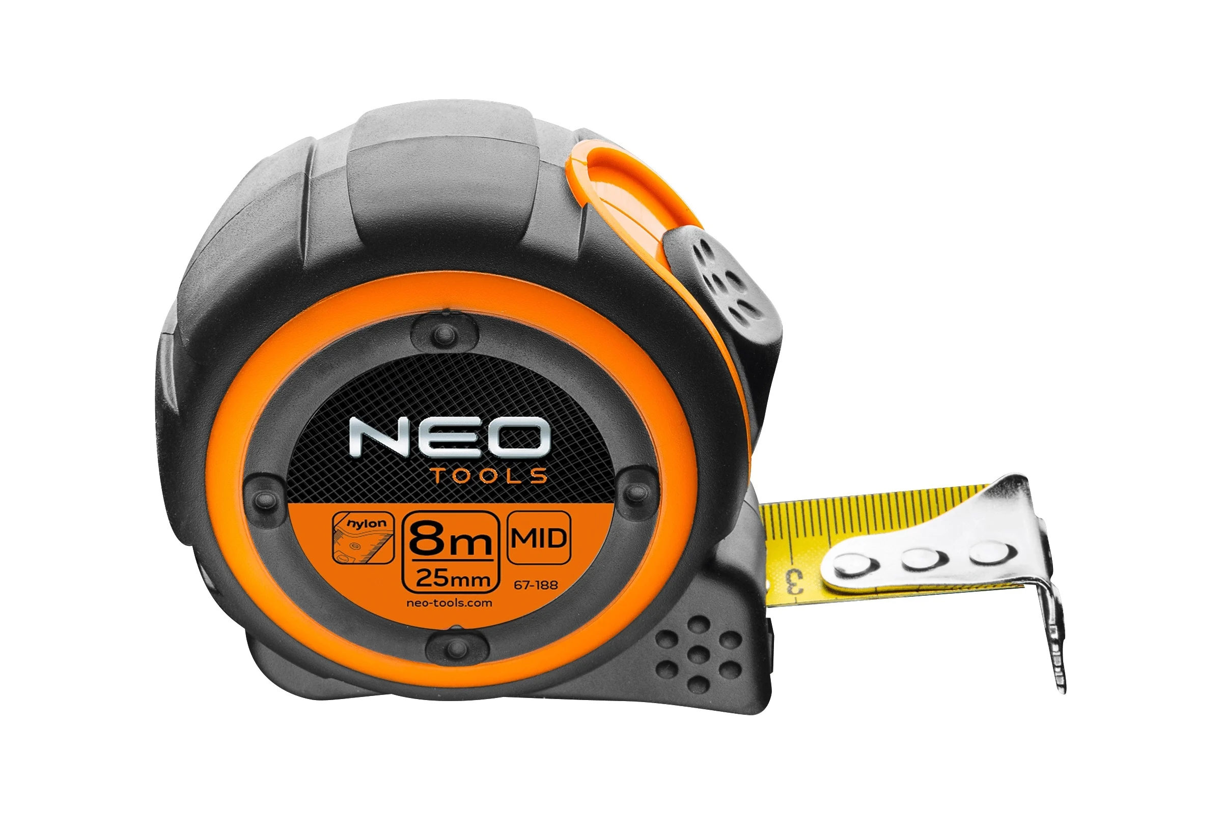 Стальная рулетка NEO Tools двухсторонний зацеп, нейлон, двуст. шкала 8 м x 25 мм магнит 67-188