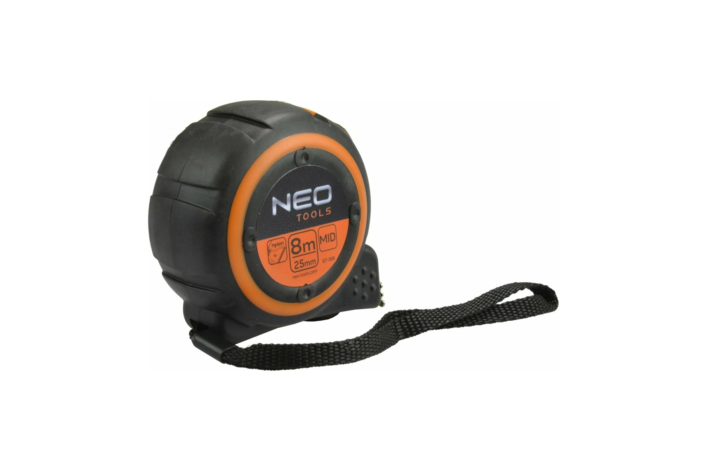 Стальная рулетка NEO Tools двухсторонний зацеп, нейлон, двуст. шкала 8 м x 25 мм магнит 67-188