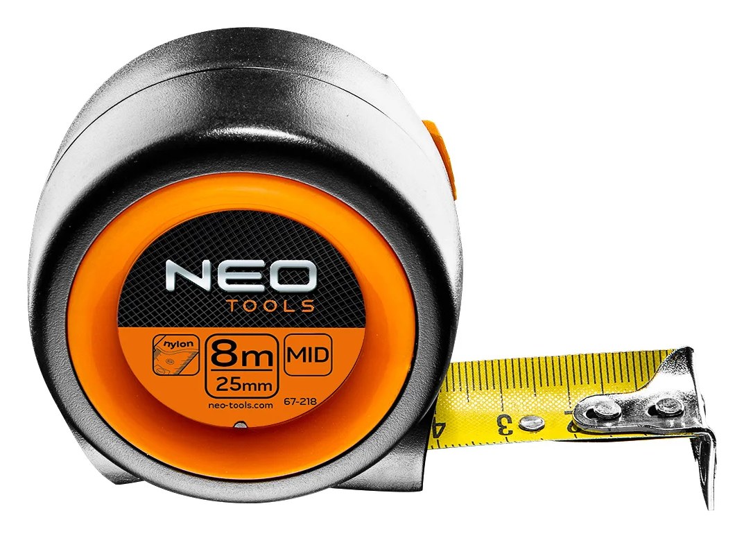 Kомпактная рулетка стальная лента 8 м x 25 мм с автостопом и магнитом NEO Tools 67-218