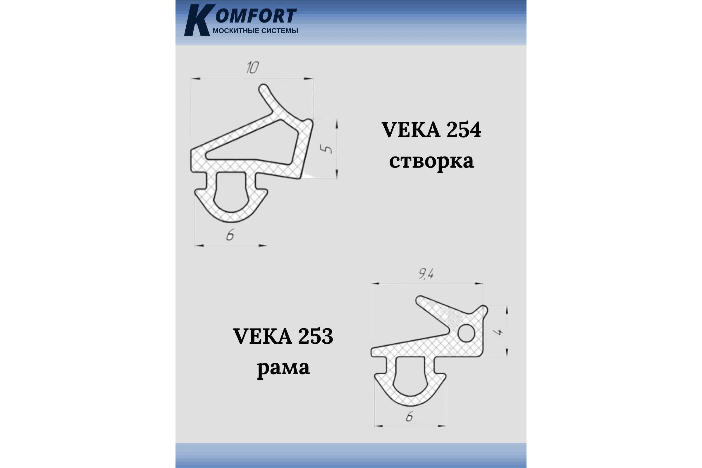 Набор уплотнителей для окон ПВХ KOMFORT москитные системы Veka 253 (рама) и Veka 254 (створка), серый, 10+10 м УДЧ02930