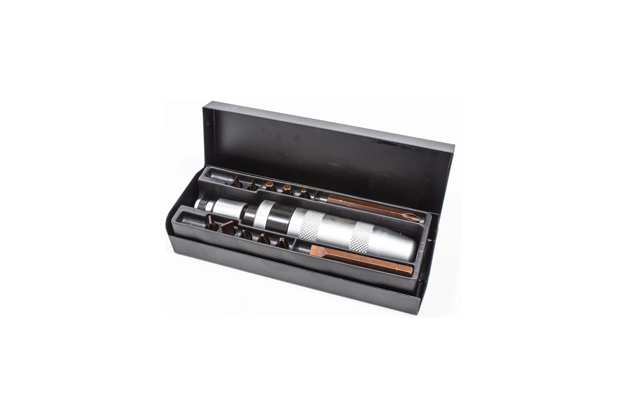 Ударная отвертка с набором бит и адаптером Forcekraft 14пр, 1/2" F х5/16" F PH1,2,3x35 мм; PH3x70 мм; SL5,6,8,9x35 мм; SL8x70 мм; H4,5,6x35 мм, в метал, кейсе FK-5064C(50542)