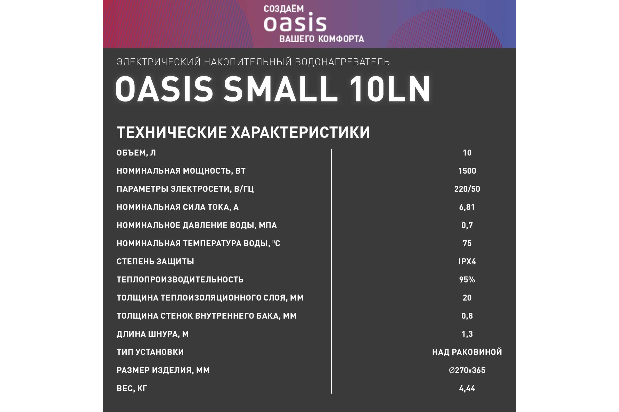 Электрический накопительный водонагреватель OASIS 10 LN над раковиной 4640015387688