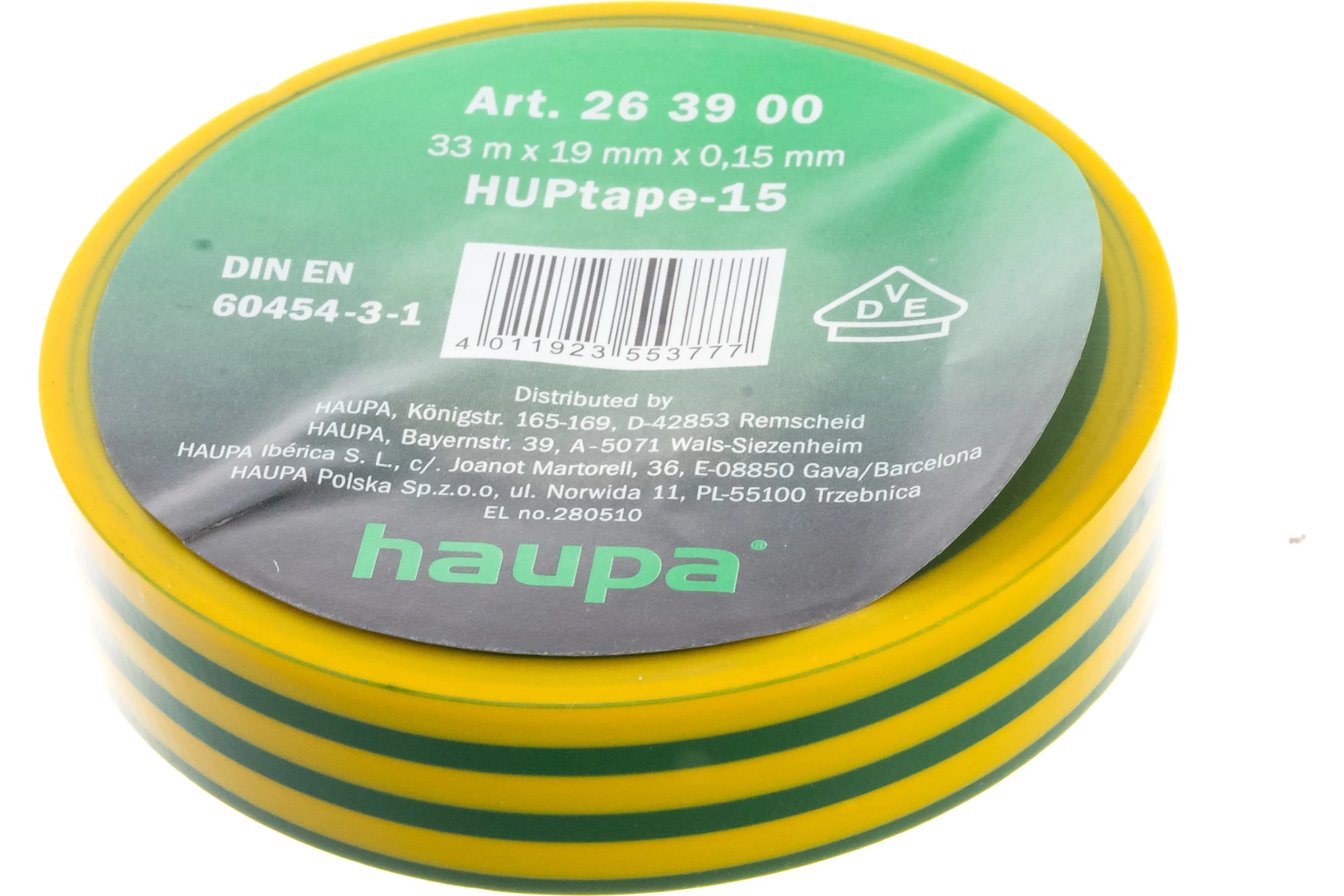 Изолента ПВХ HAUPA 19 мм x 33 м, цвет зелено-желтый 263900