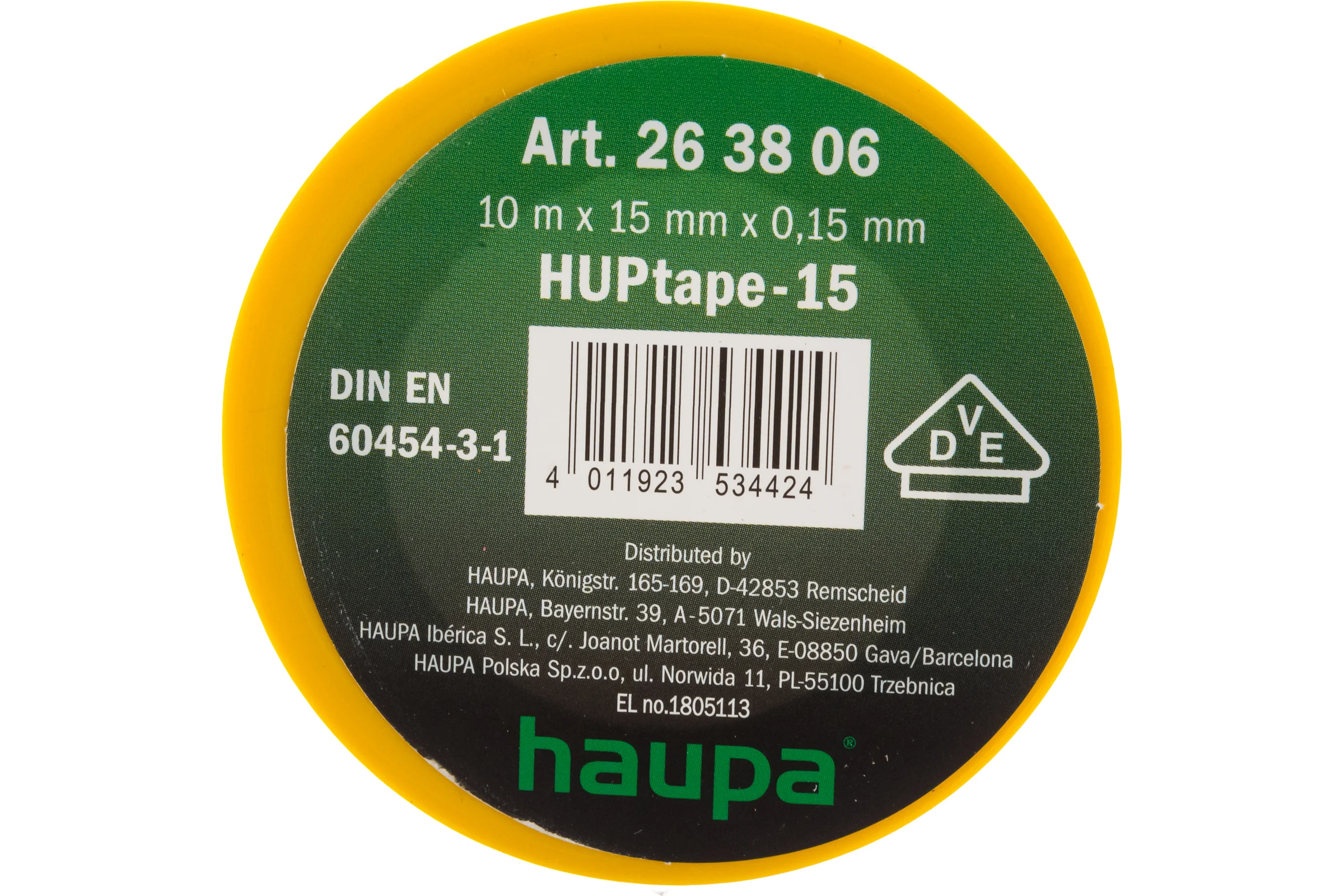 Изолента ПВХ HAUPA цвет желтый, шир.15мм, длина 10 м, d 60 мм 263806