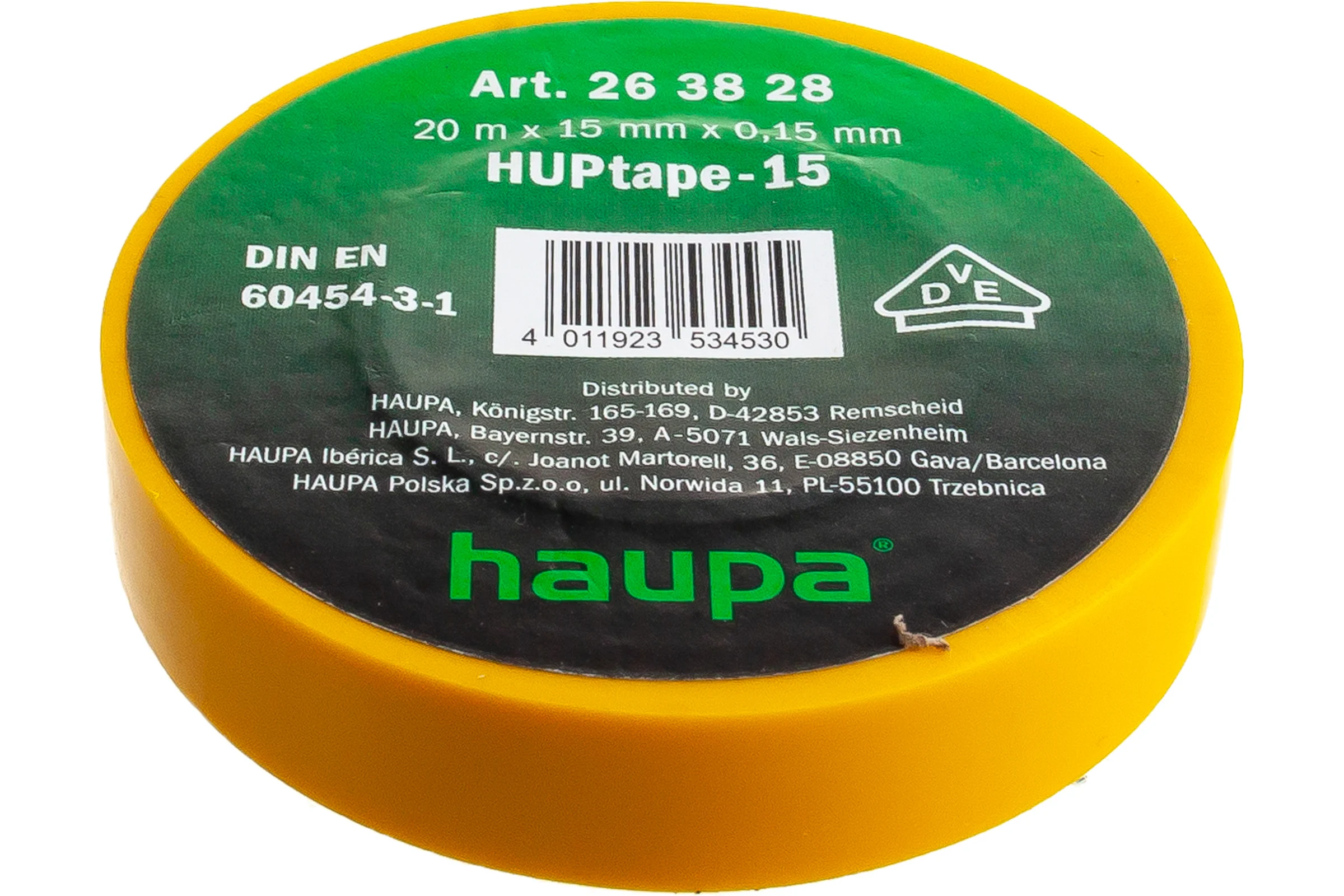 Изолента ПВХ, HAUPA цвет желтый, шир.15мм, длина 20 м, d 74 мм 263828