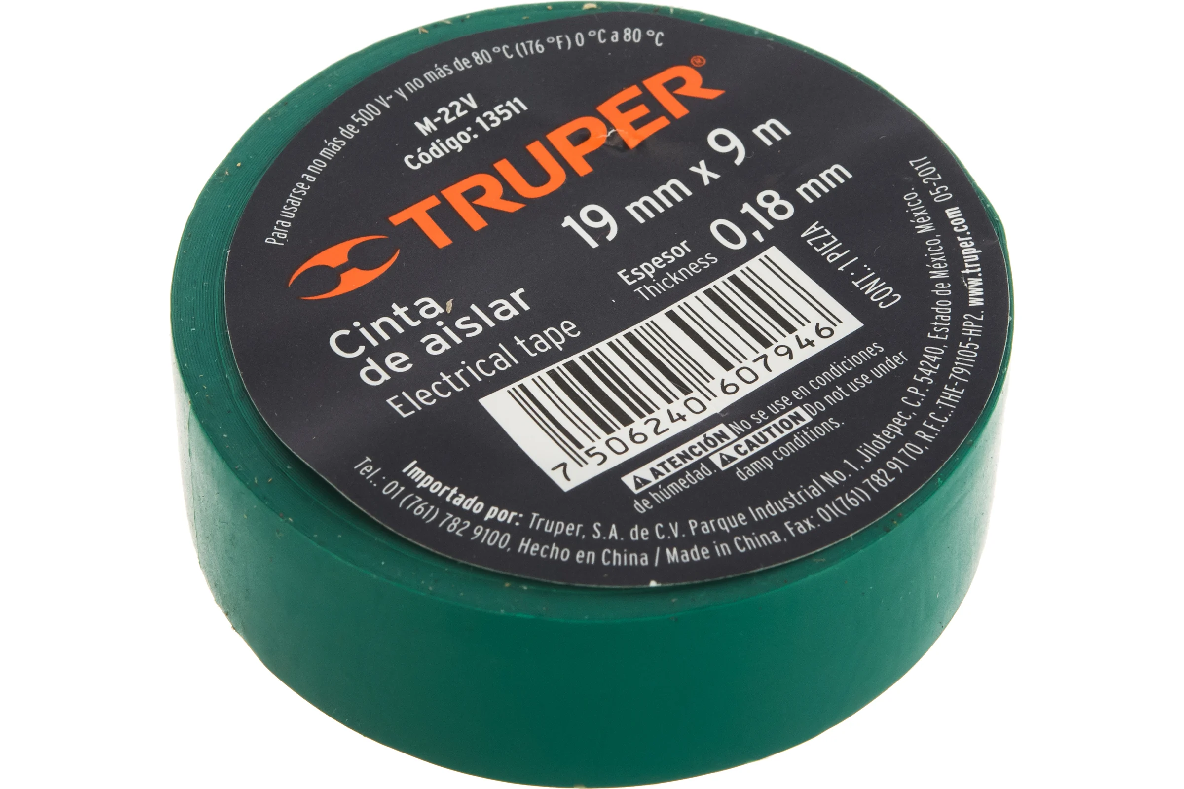 Изолента Truper акрил, 9 м, ширина 19 мм, зеленая M-22V 13511