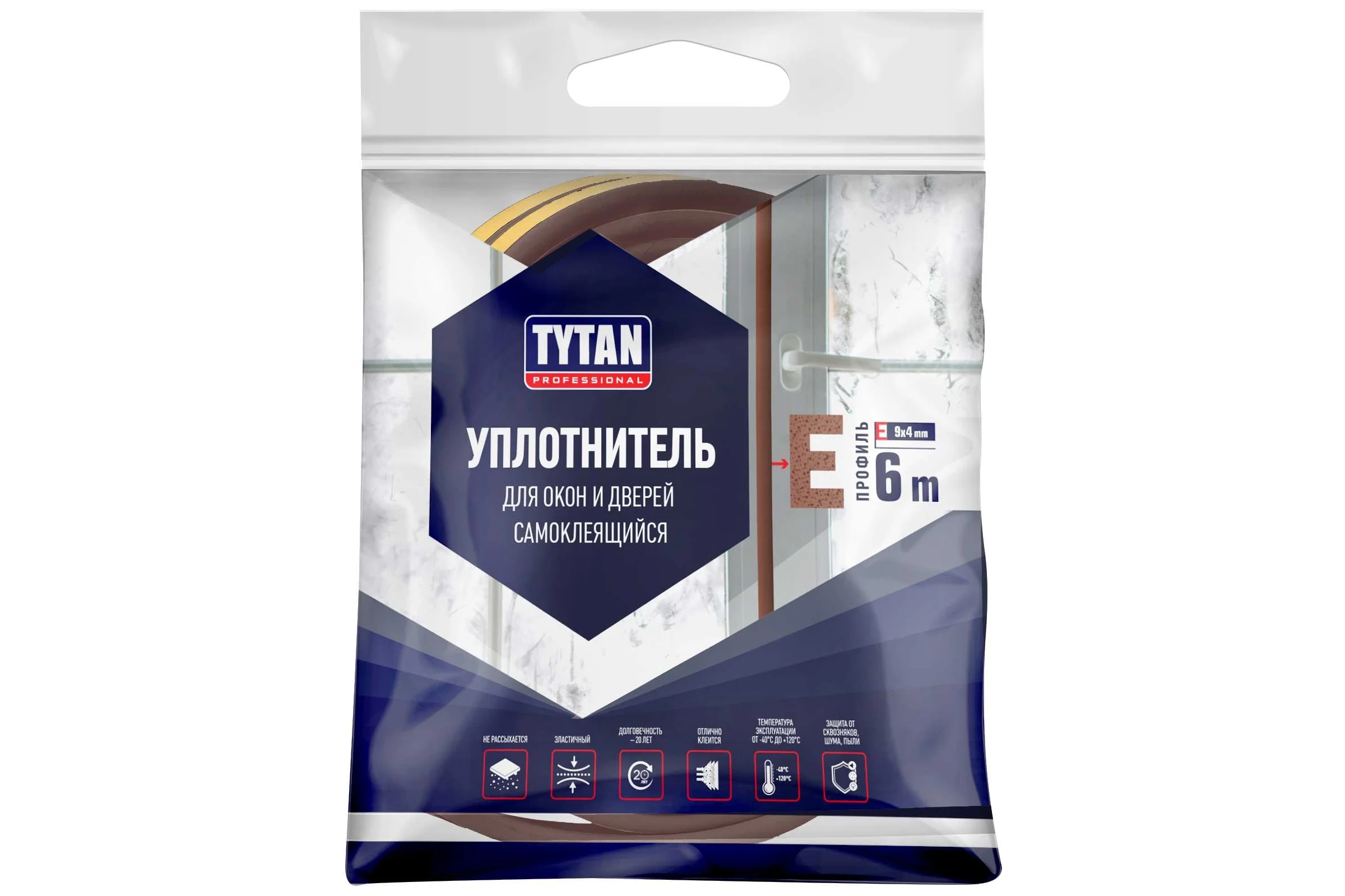 Уплотнитель для окон и дверей Tytan Professional e 6 м, 9х4 мм, коричневый 260674 19668