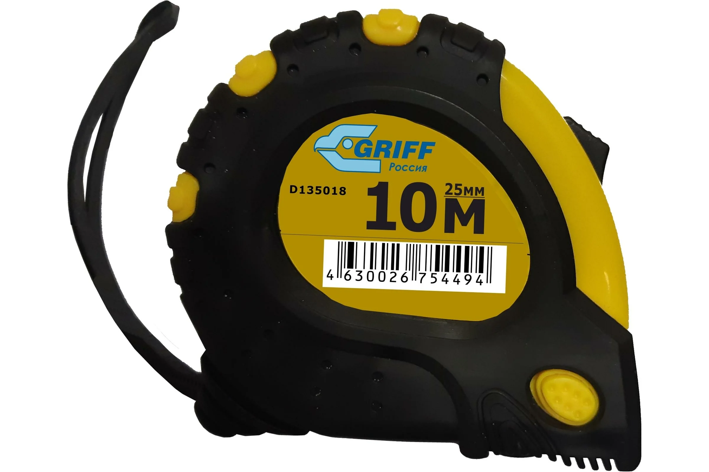 Рулетка 10мх25мм с 3 фиксаторами, в обрезиненном корпусе GRIFF d135018