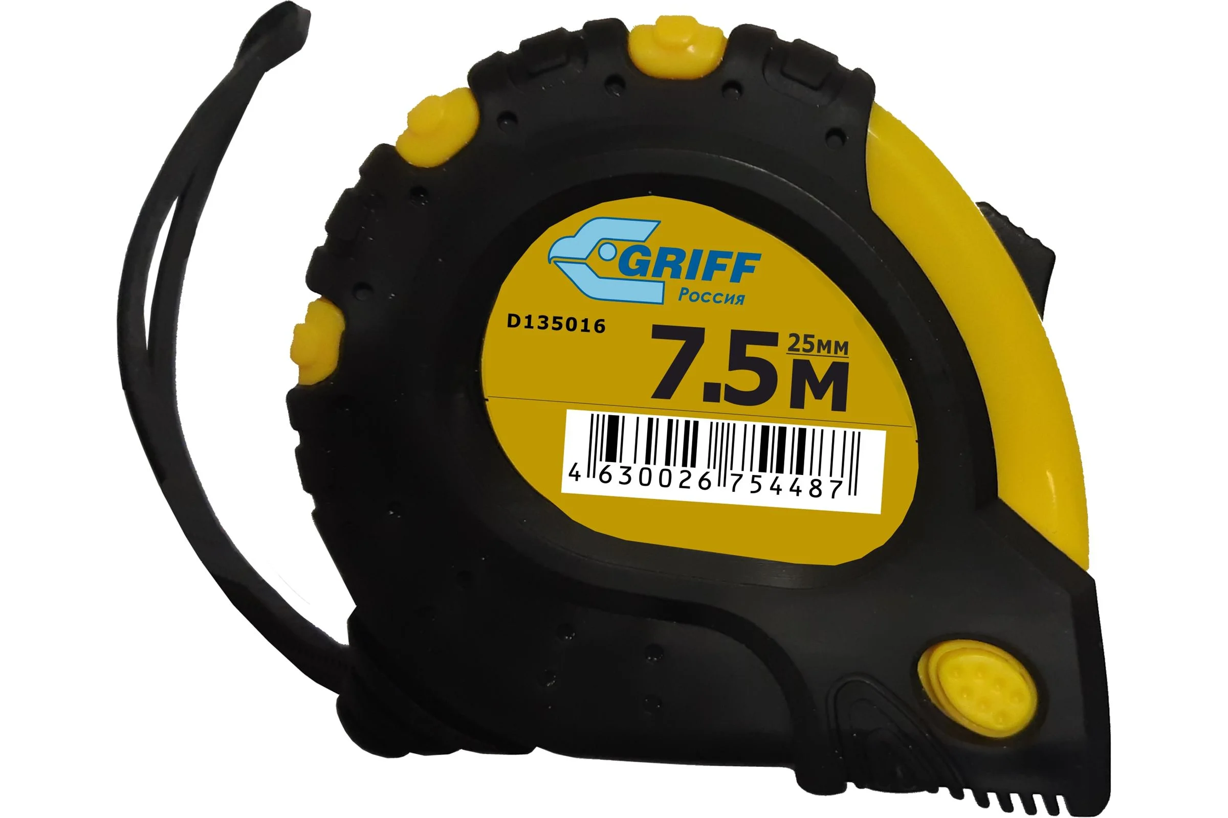Рулетка 7.5мх25мм с 3 фиксаторами, в обрезиненном корпусе GRIFF d135016