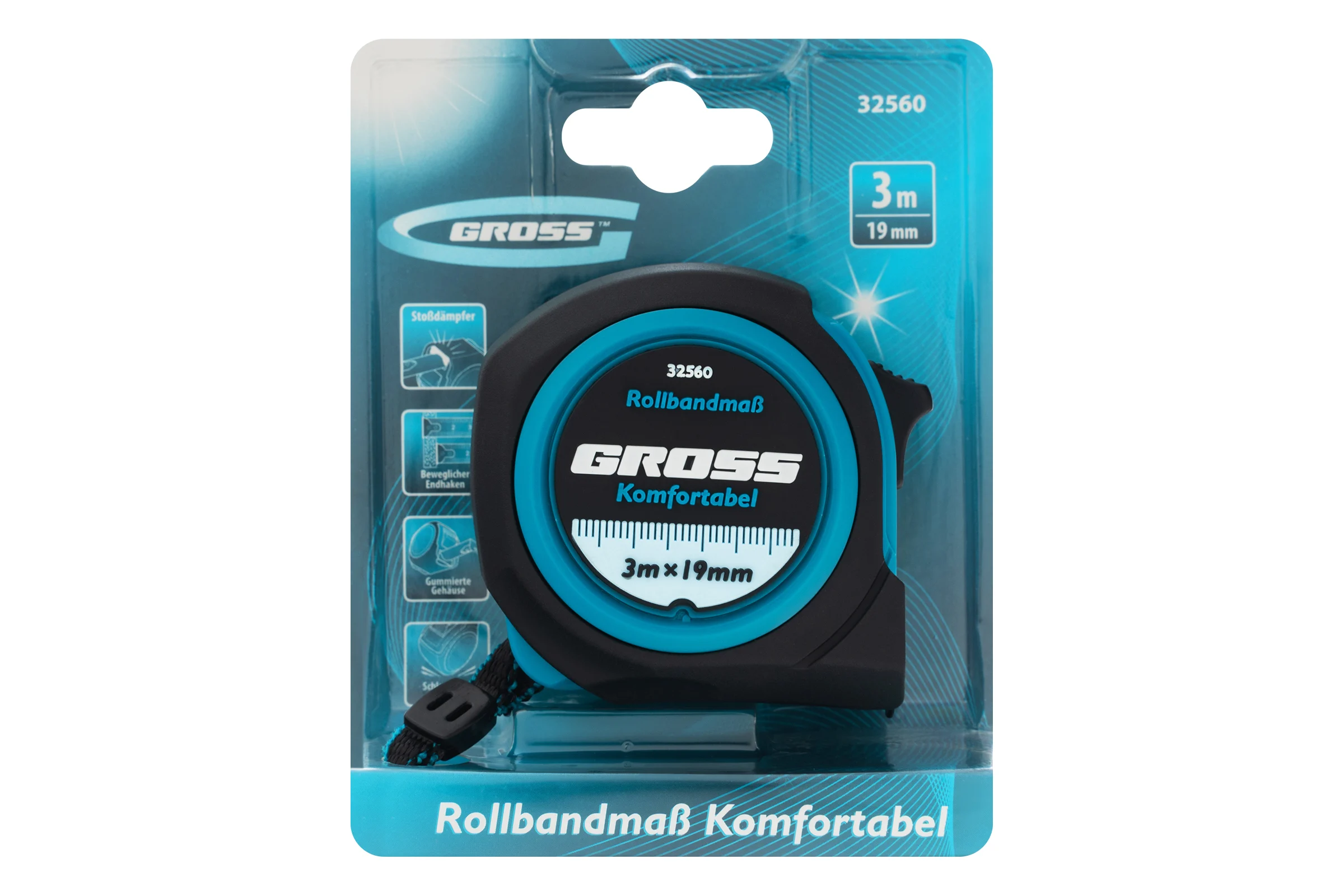 Рулетка Komfortabel, 3 м х 19 мм обрезиненный корпус GROSS 32560