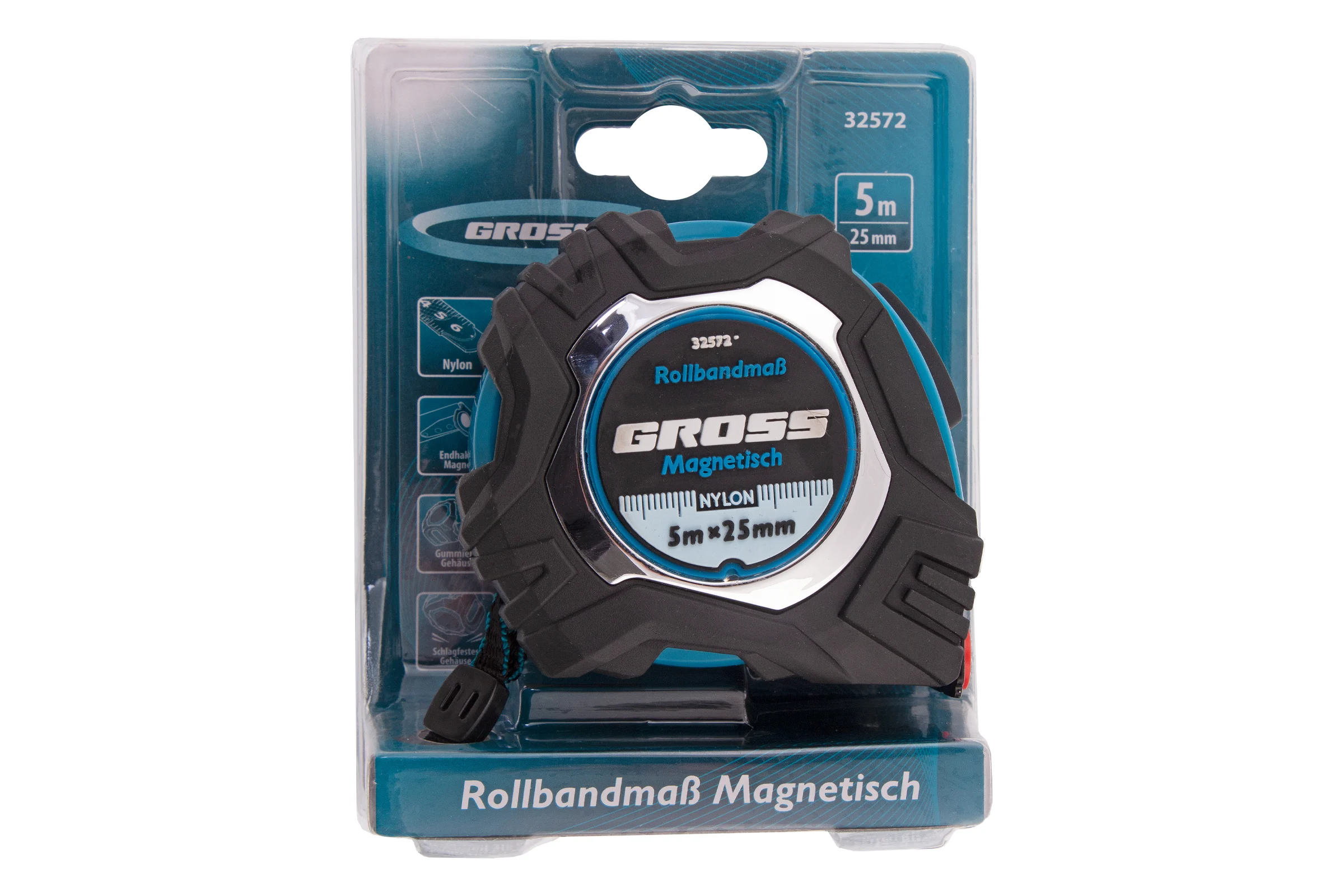 Рулетка Magnetisch, 5 м х 25 мм обрезиненный корпус,автоматическая фиксация GROSS 32572
