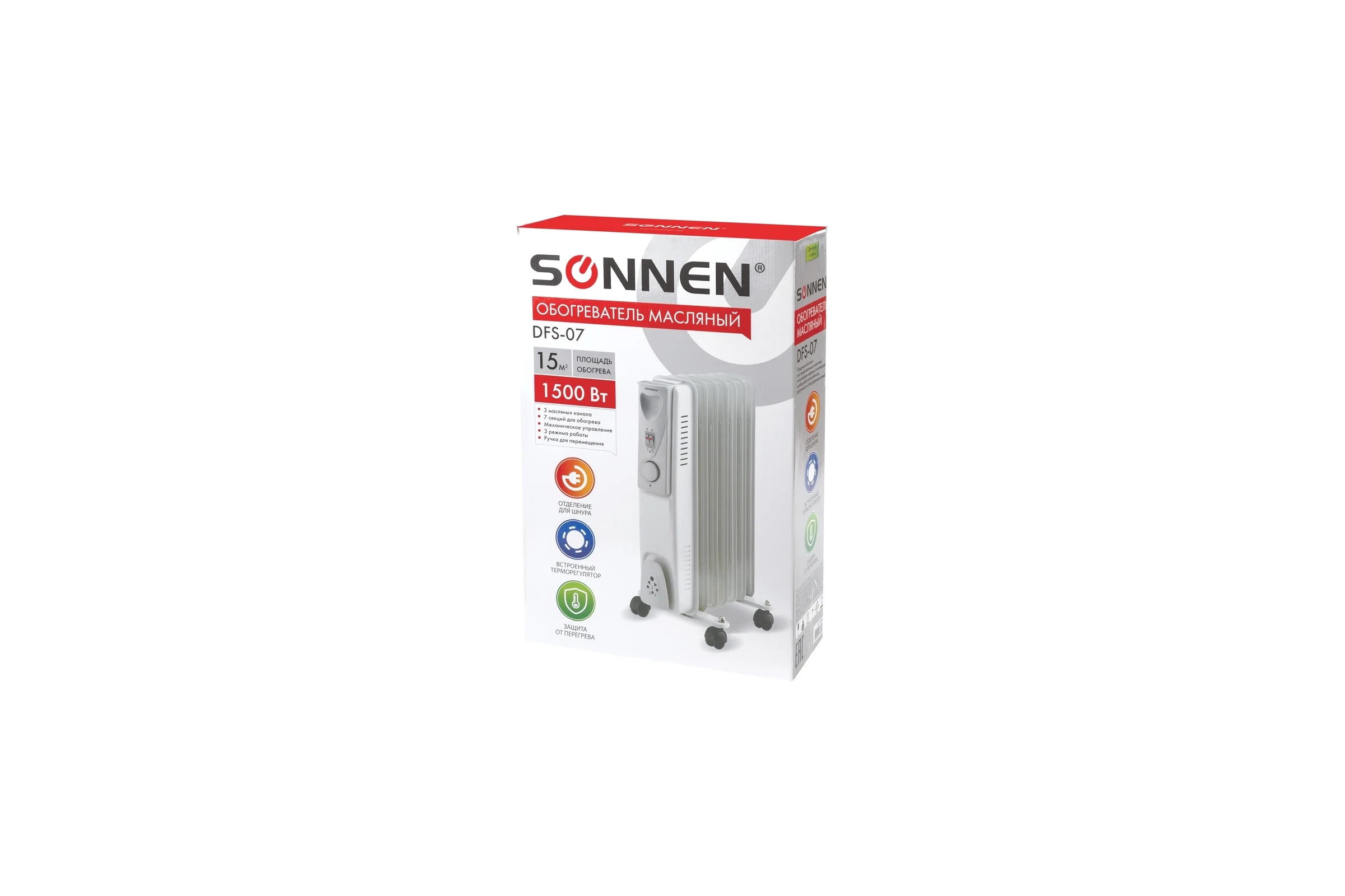Масляный обогреватель SONNEN DFS-07, 1500 Вт, 7 секций, белый, 453498