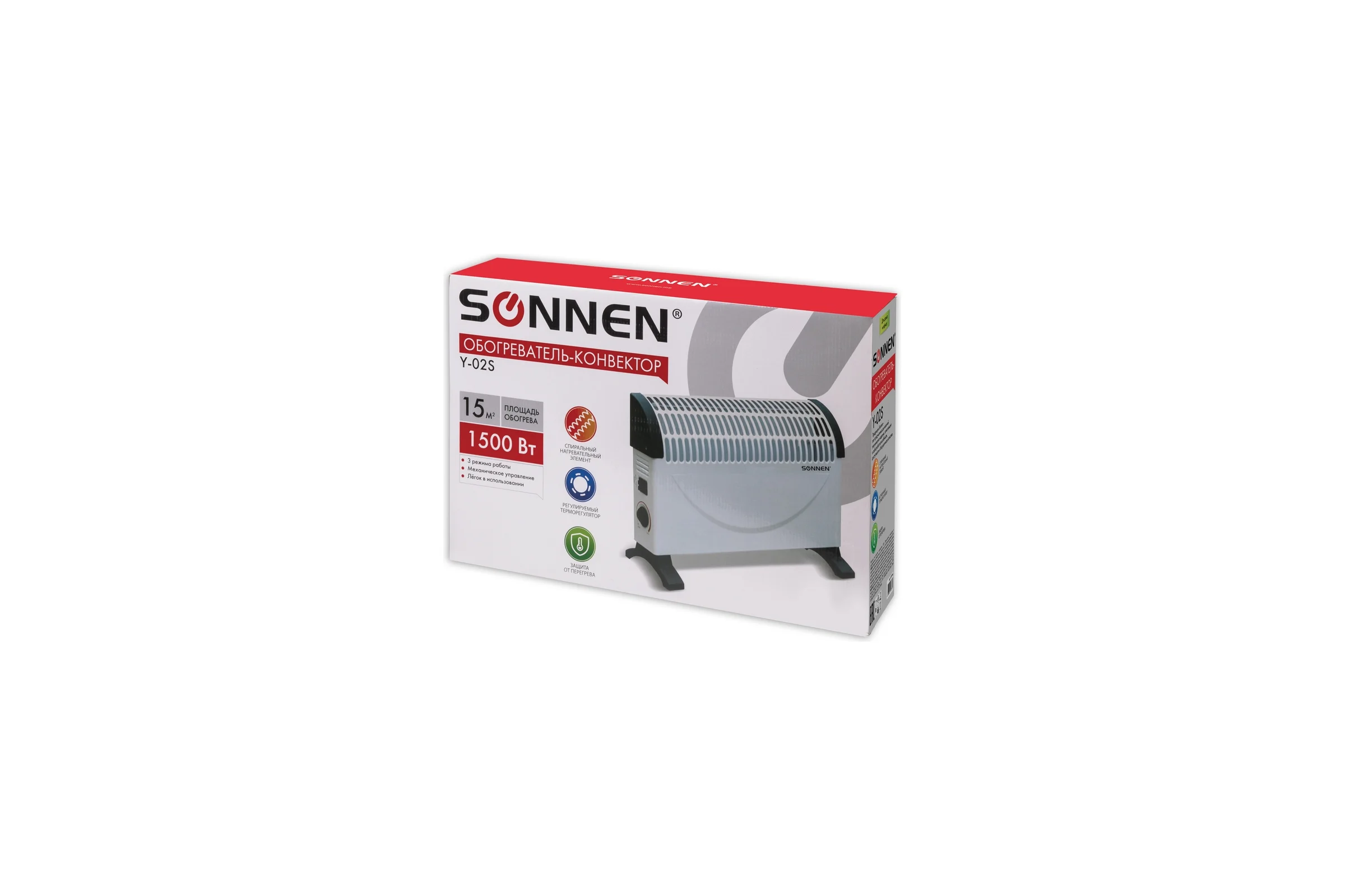 Обогреватель-конвектор SONNEN Y-02S, 1500 Вт, 3 режима работы, белый/черный, 453494