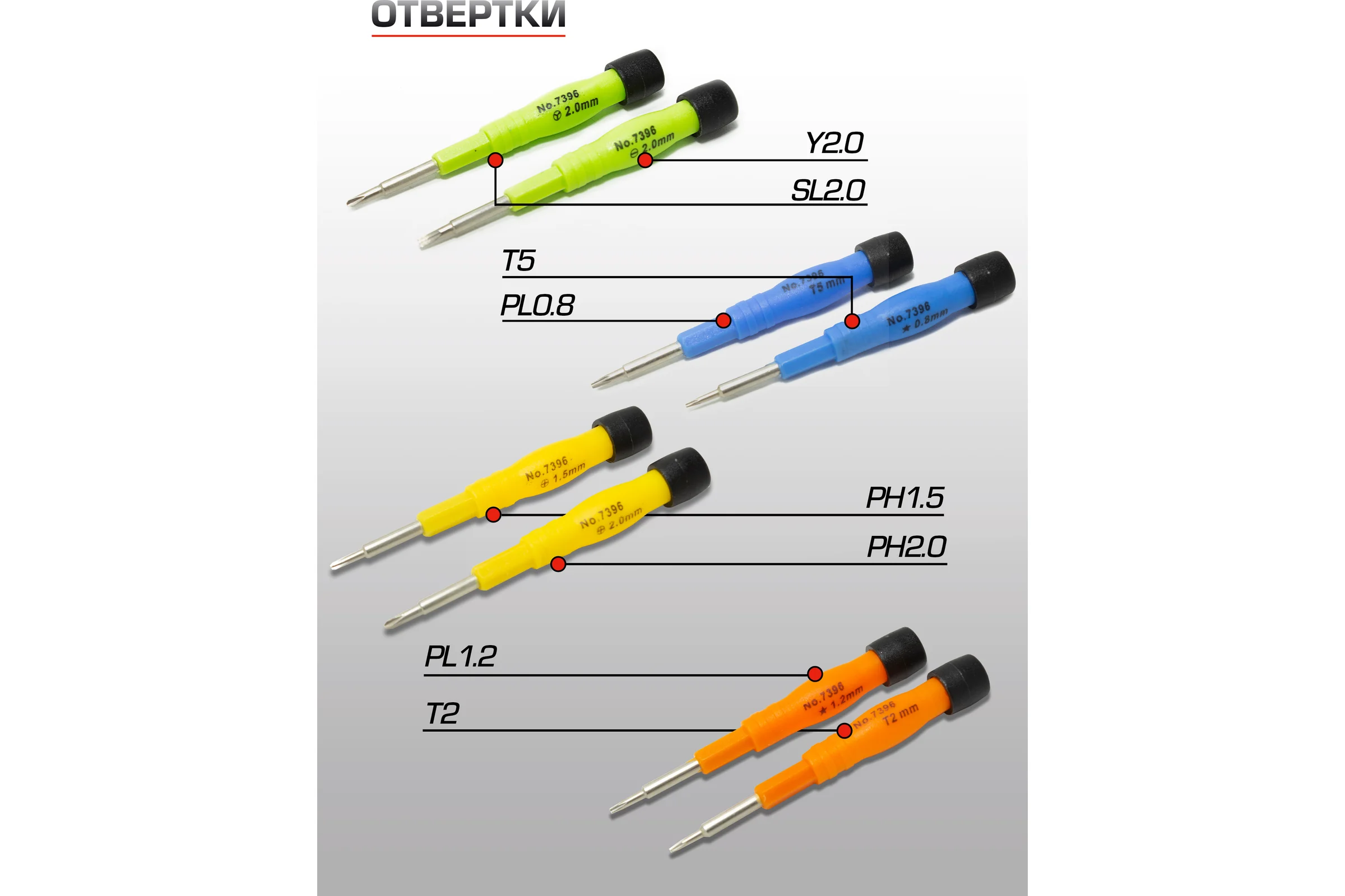 Набор ювелирных отверток для точных работ BaumAuto PH1.5, 2.0, SL2.0, Y2.0, PL0.8, 1.2, T2, T5, 9 предметов в пластиковом футляре BM-3031319(15704)