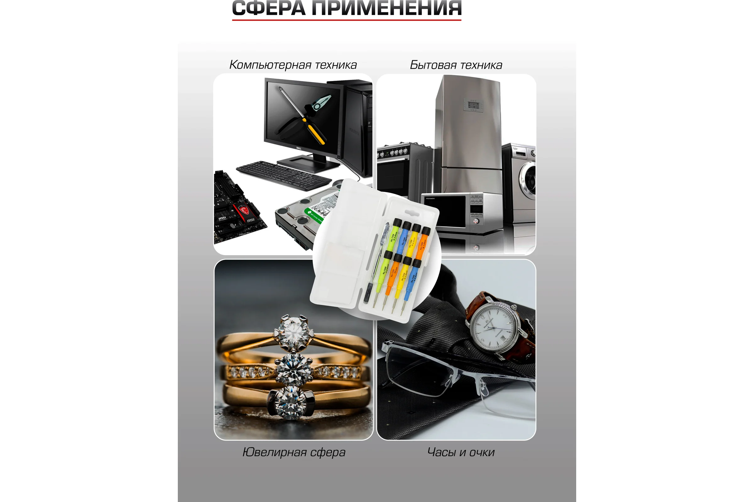 Набор ювелирных отверток для точных работ BaumAuto PH1.5, 2.0, SL2.0, Y2.0, PL0.8, 1.2, T2, T5, 9 предметов в пластиковом футляре BM-3031319(15704)