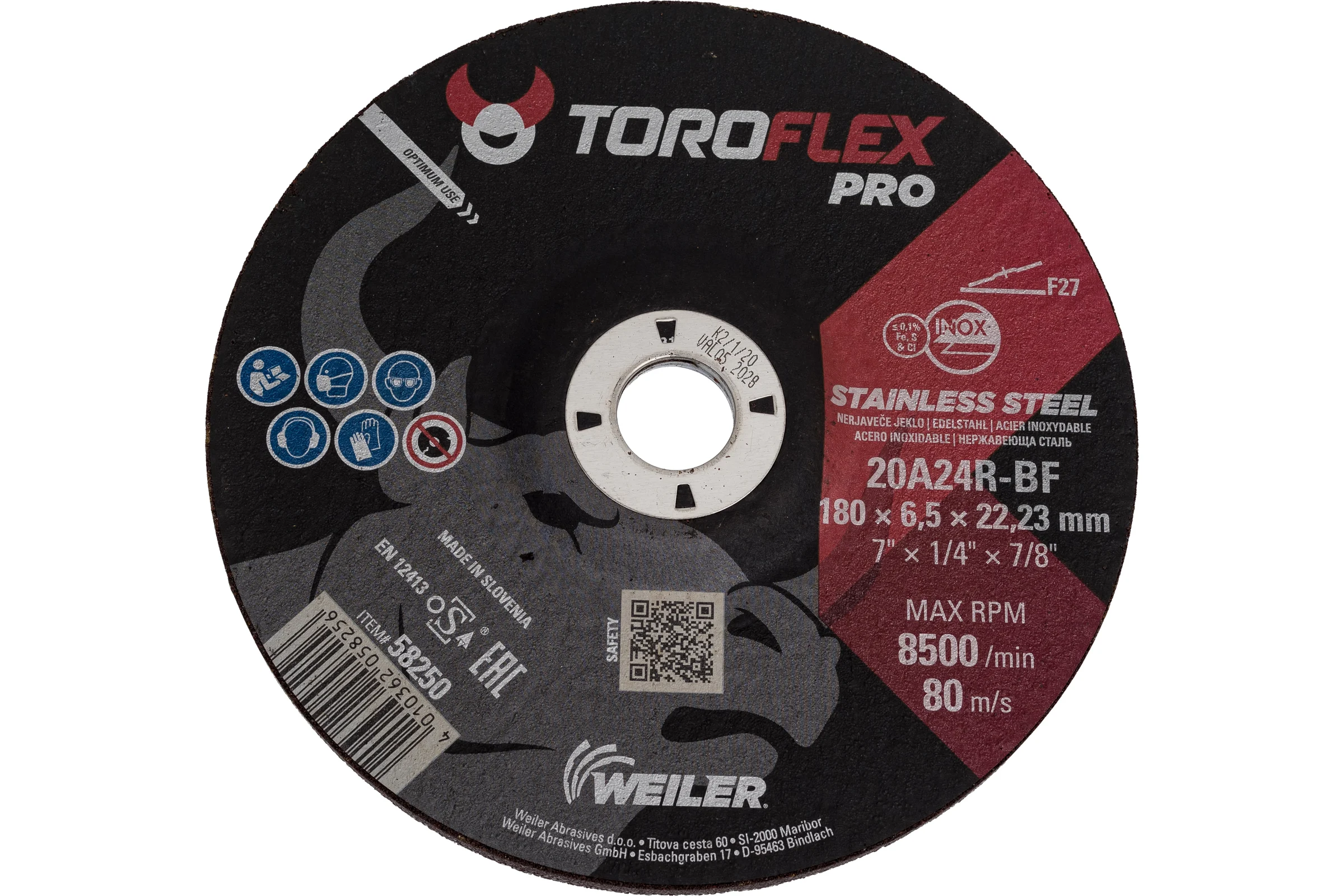 Круг шлифовальный по нержавеющей стали F27 180x6.5x22.23 мм, 20A24R-BF PRO TOROFLEX 4010362058256