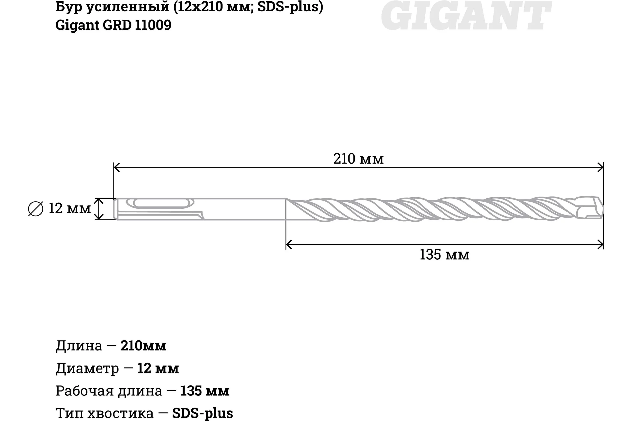 Бур усиленный SDS-plus (12х210 мм) Gigant GRD 11009