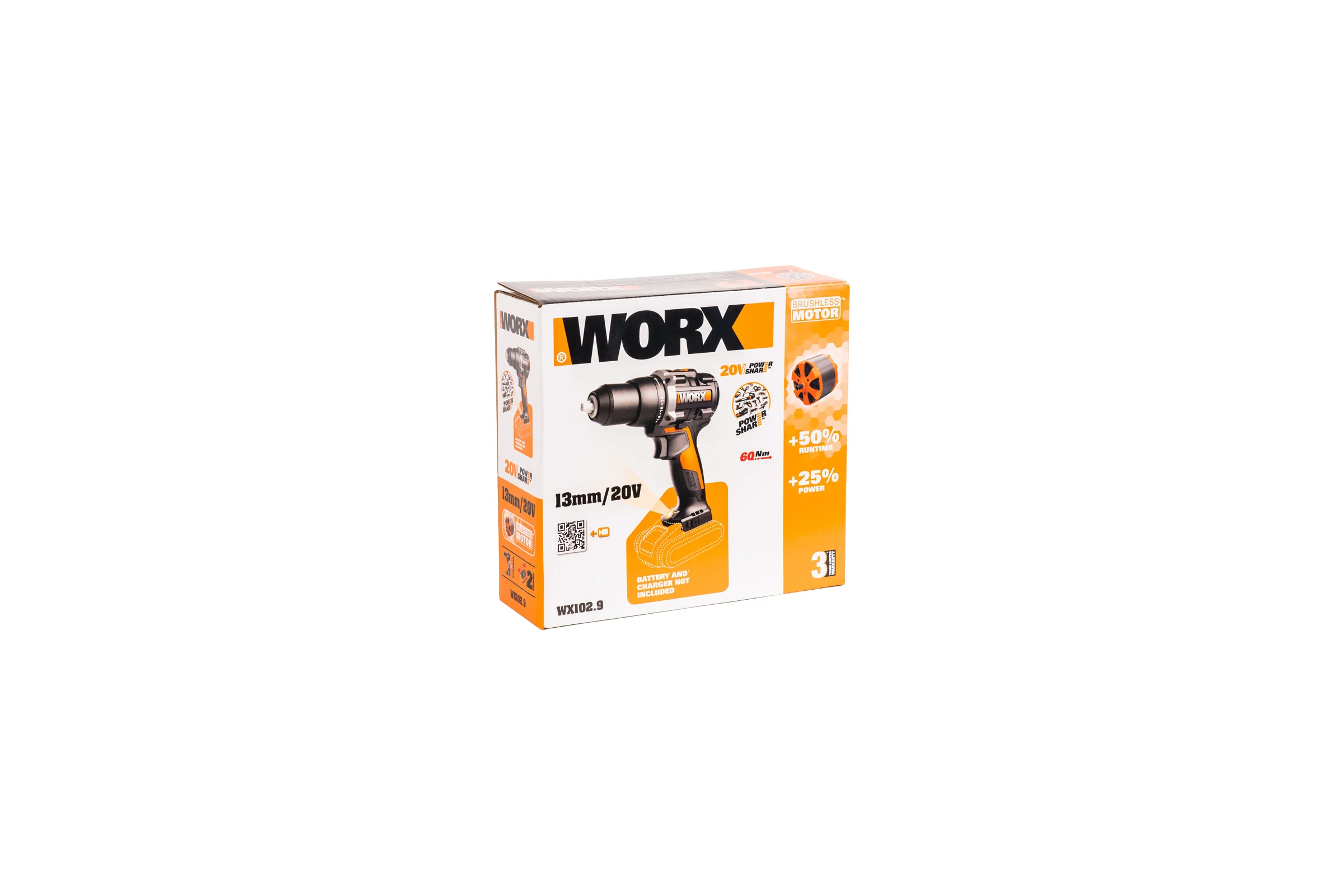 Аккумуляторная бесщёточная дрель-шуруповерт WORX 20В, 60Нм, без АКБ и ЗУ WX102.9