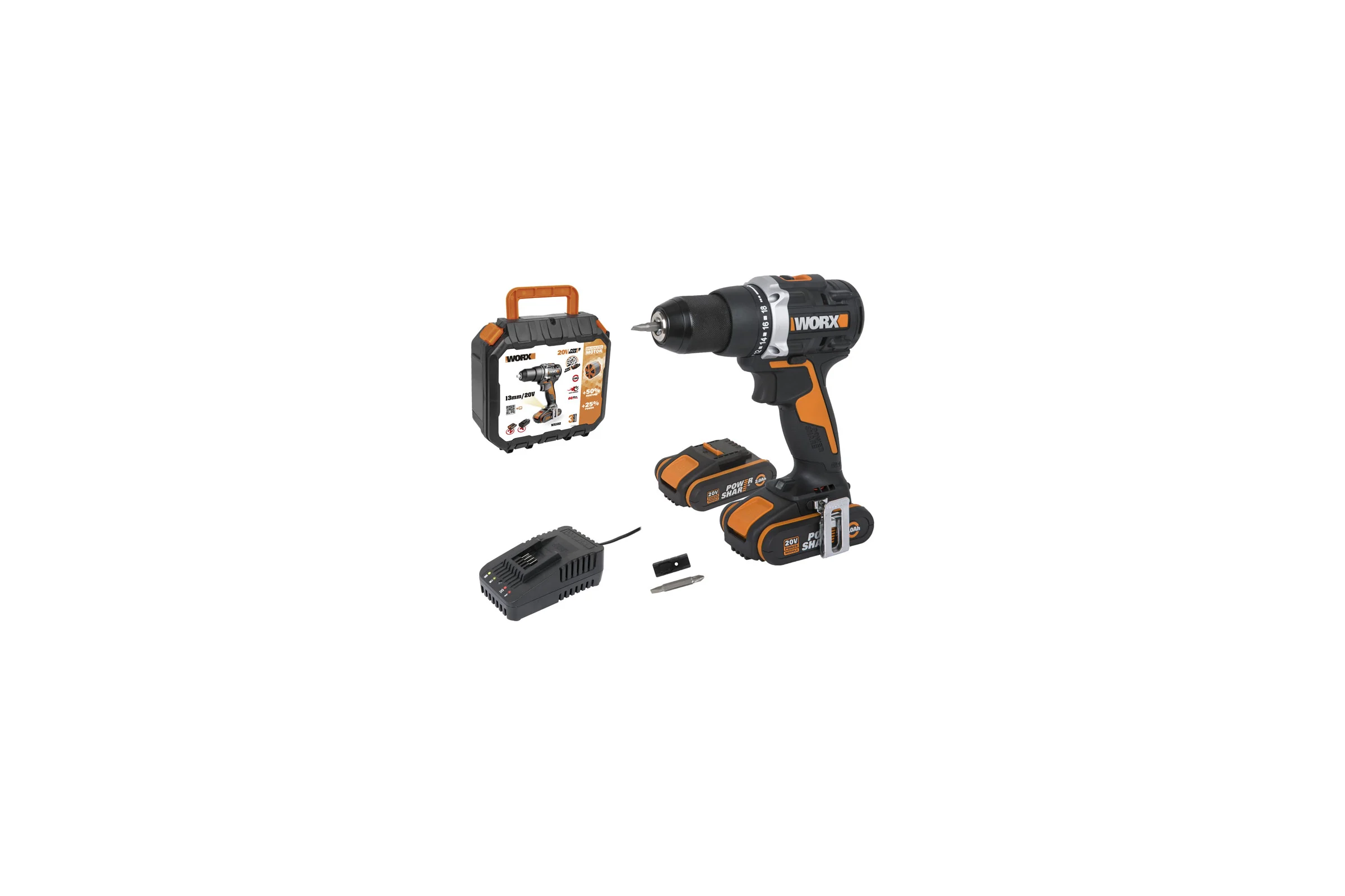Аккумуляторная бесщёточная дрель-шуруповерт WORX 20В, 60Нм, бесщеточная, 2Ач х2, ЗУ, кейс WX102