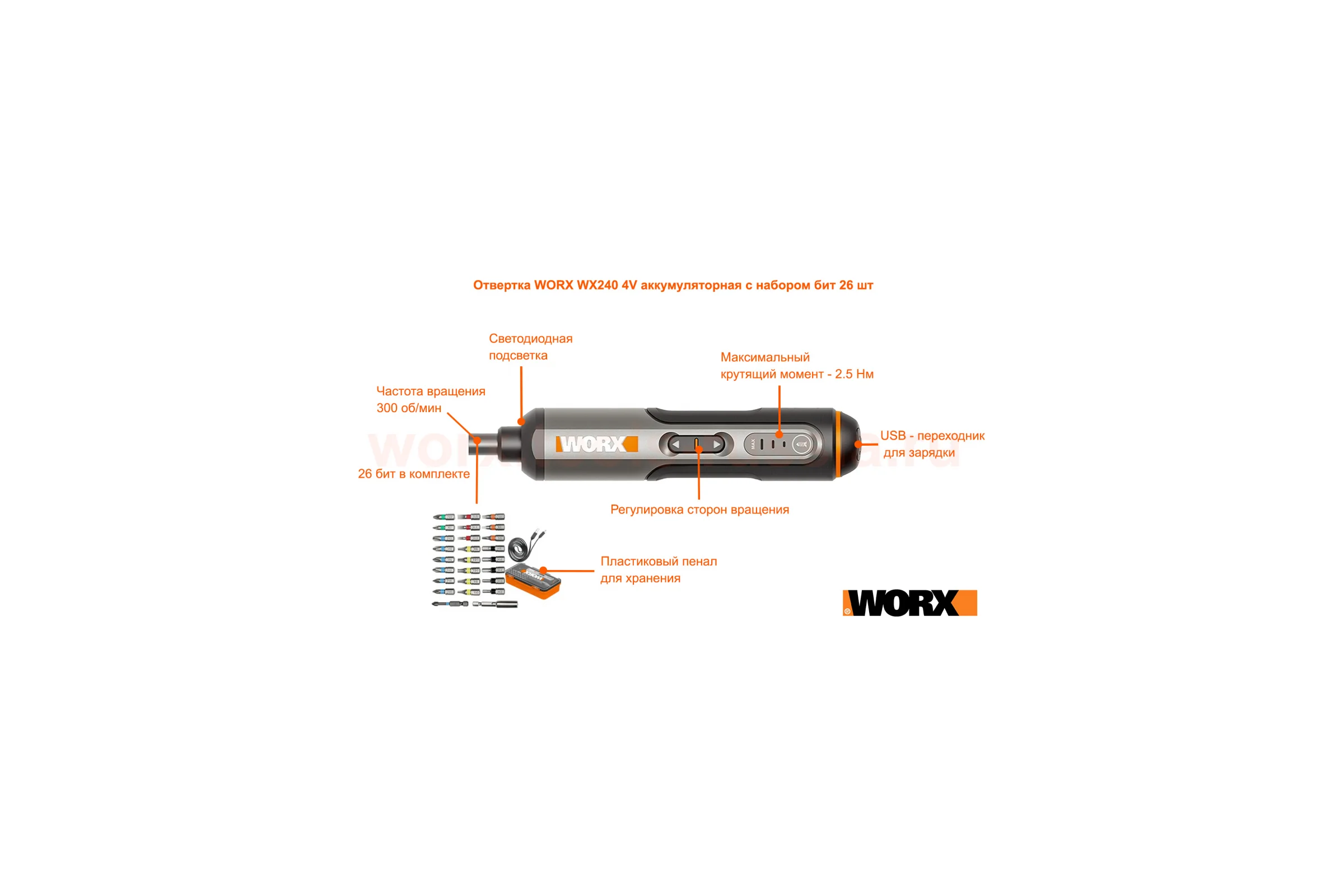 Аккумуляторная отвертка WORX 4В, 2,5Нм, 1,5Ач, набор оснастки WX240
