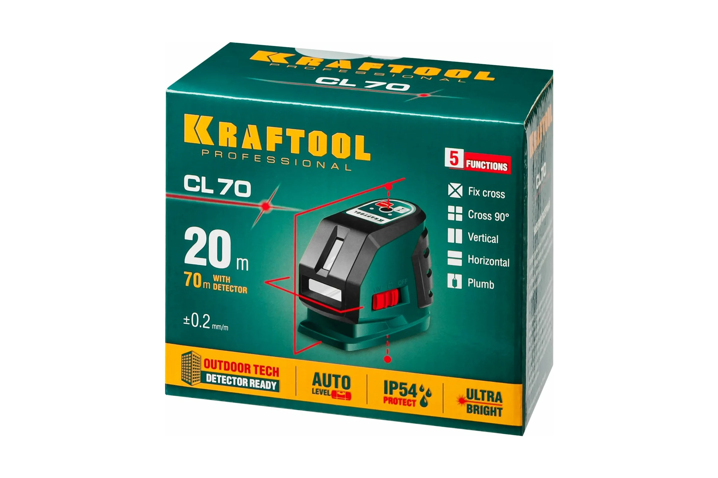 Лазерный линейный нивелир KRAFTOOL CL-70 20м / 70м /детектор/, сверхъяркий IP54 34660