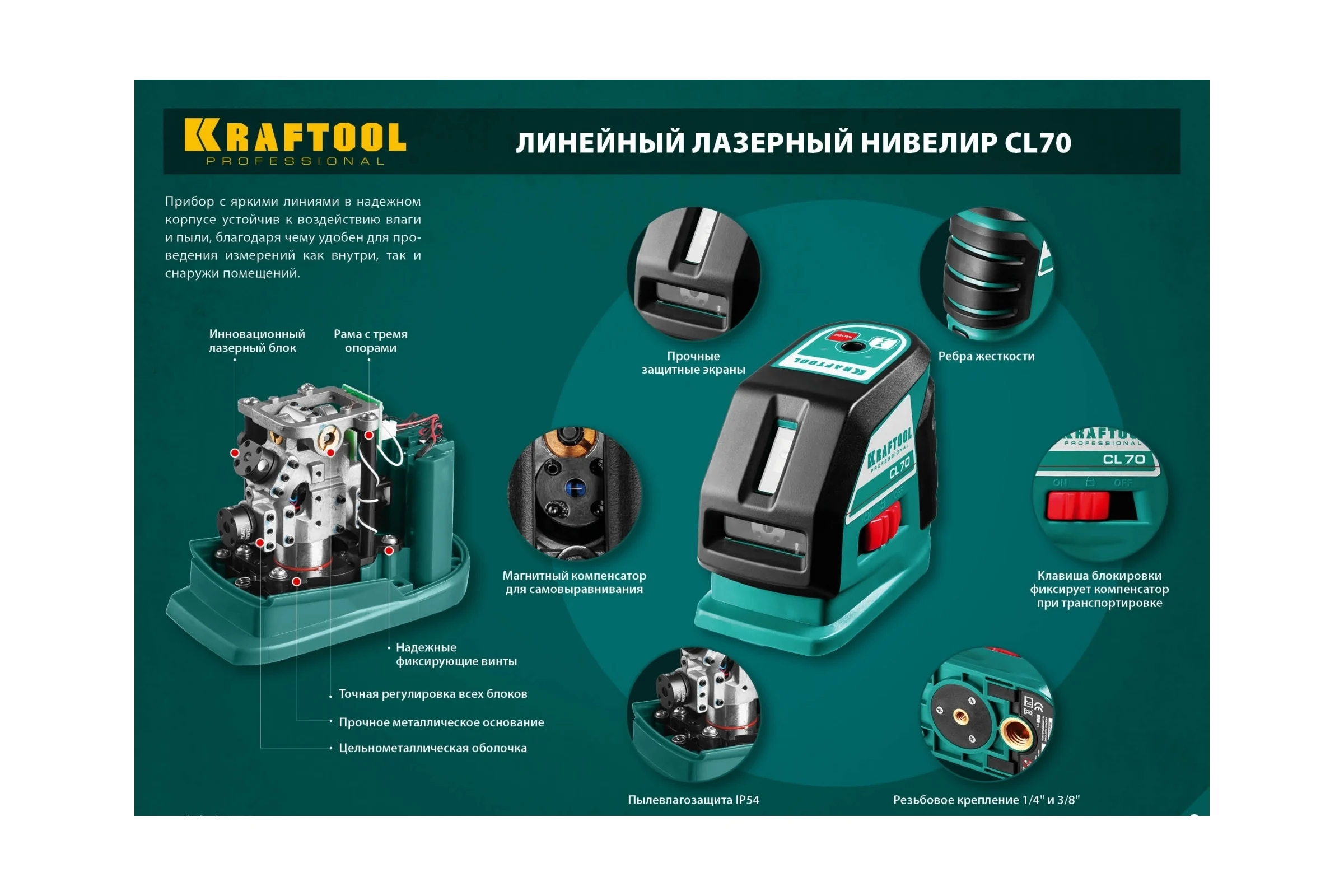 Лазерный линейный нивелир KRAFTOOL CL-70 20м / 70м /детектор/, сверхъяркий IP54 34660