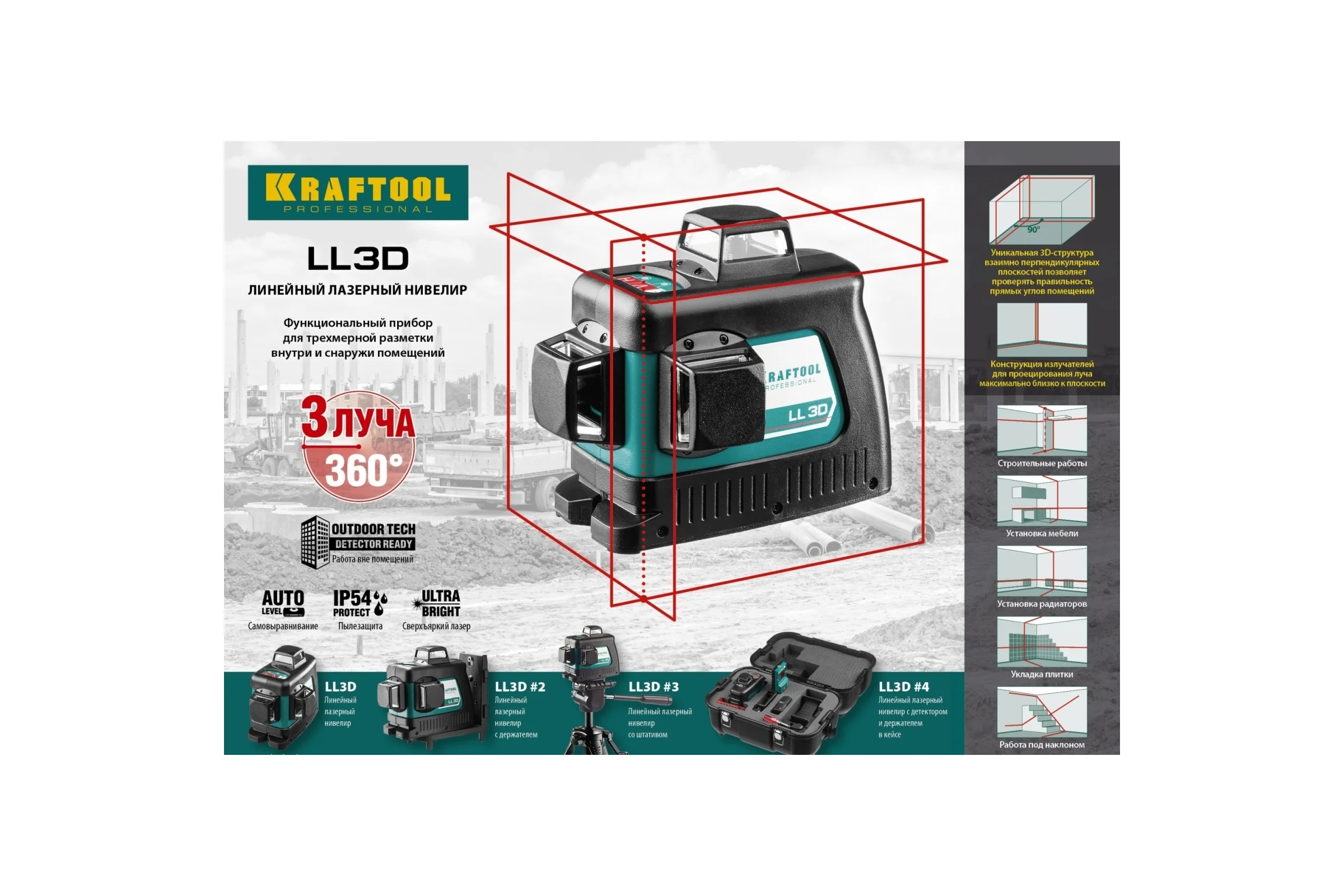 Лазерный нивелир KRAFTOOL LL-3D-2 360 градусов 34640-2