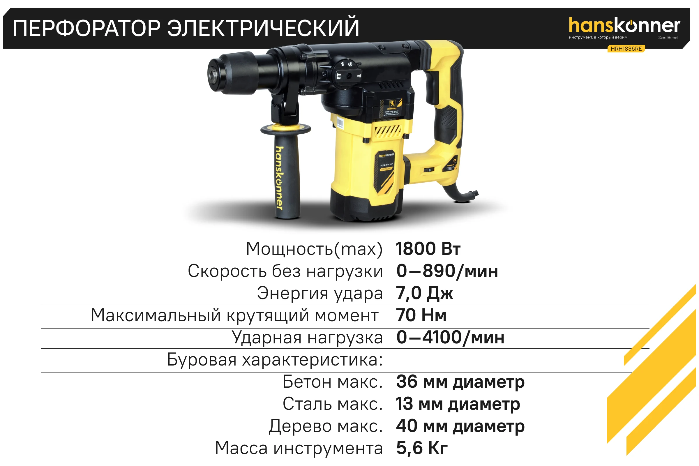 Перфоратор Hanskonner SDS Plus HRH1836RE