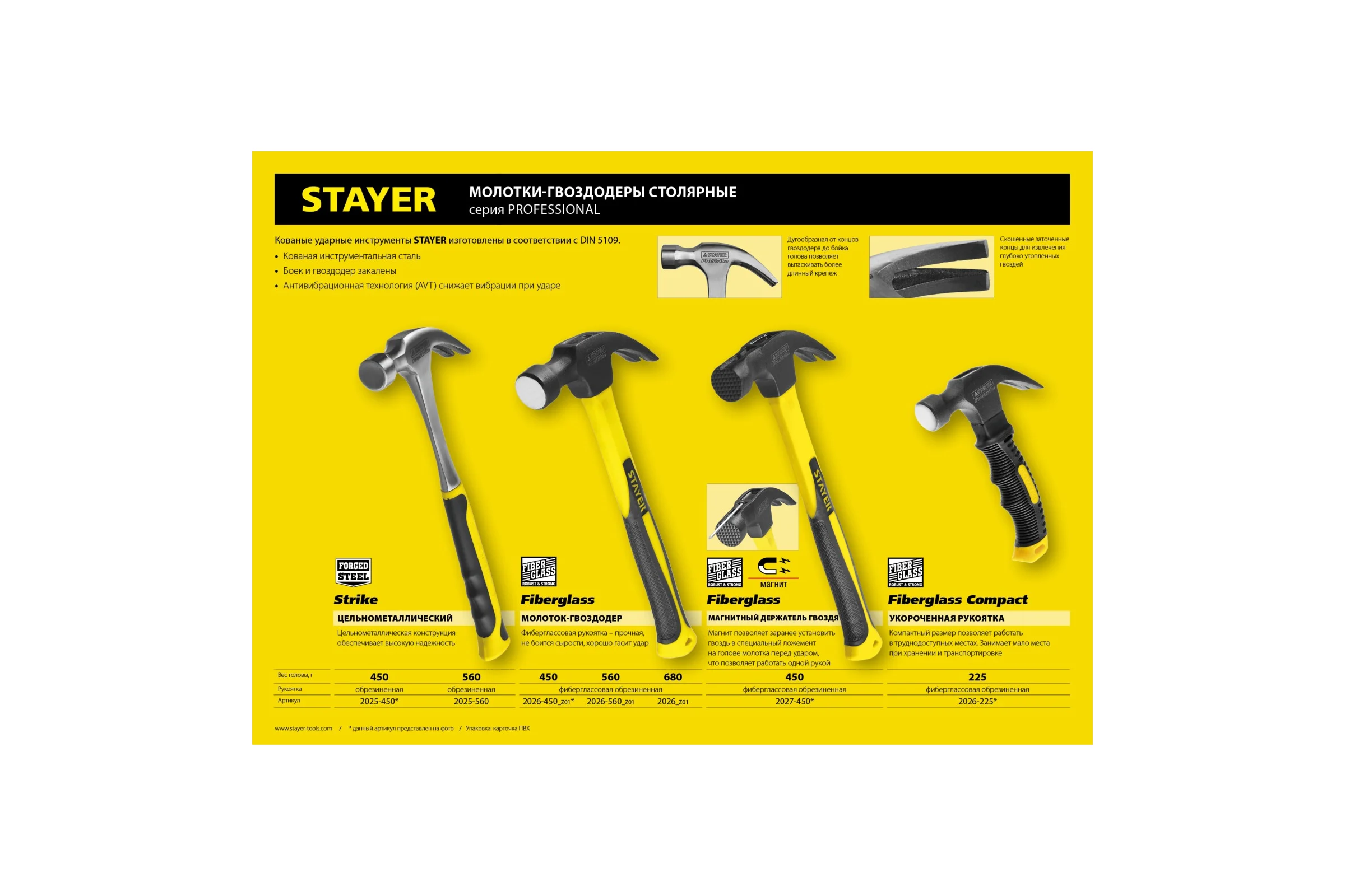 Молоток-гвоздодер с фибергласовой рукояткой STAYER Fiberglass 680 г 2026_z01