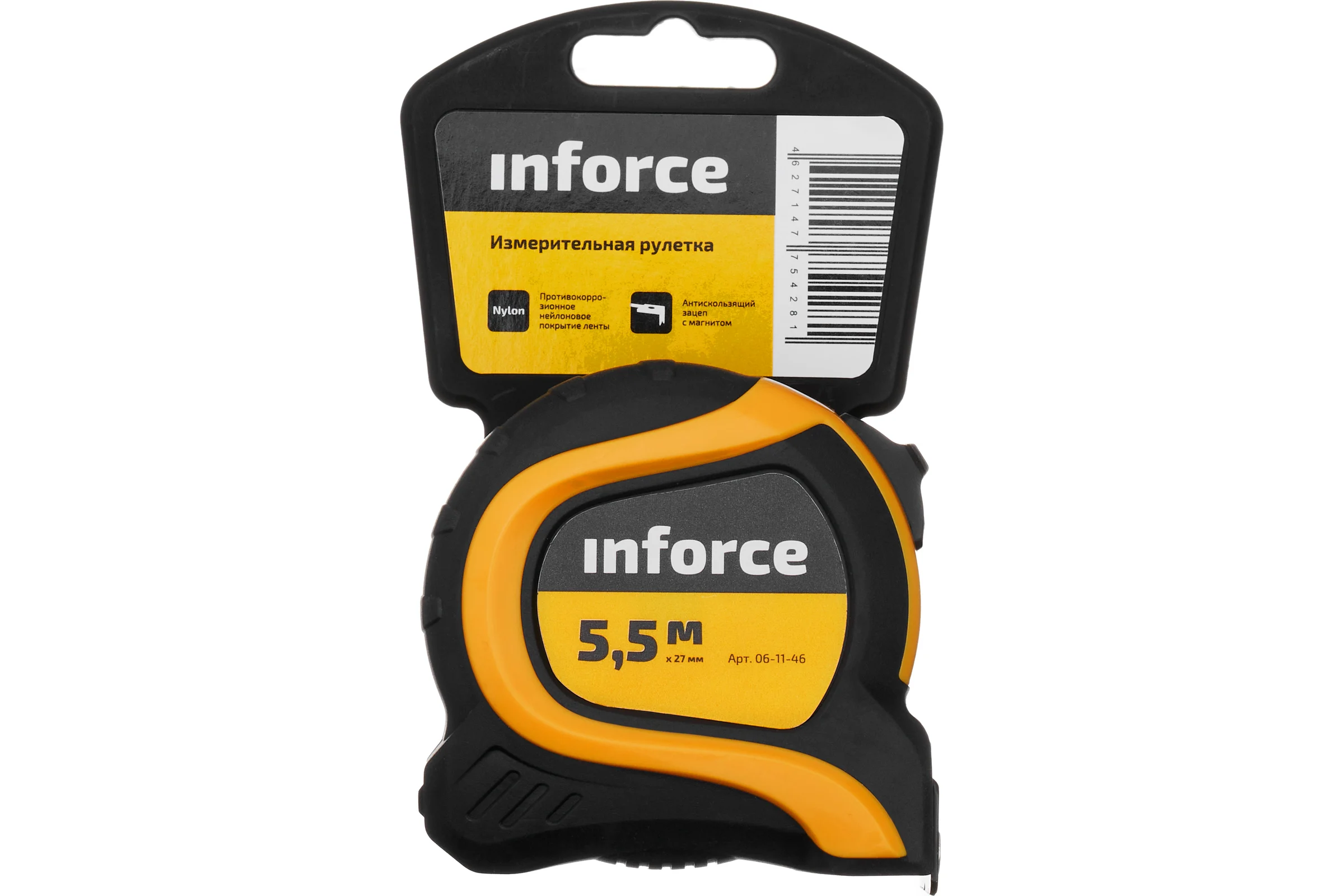 Измерительная рулетка с нейлоновой лентой и магнитным зацепом 5.5x27мм Inforce 06-11-46